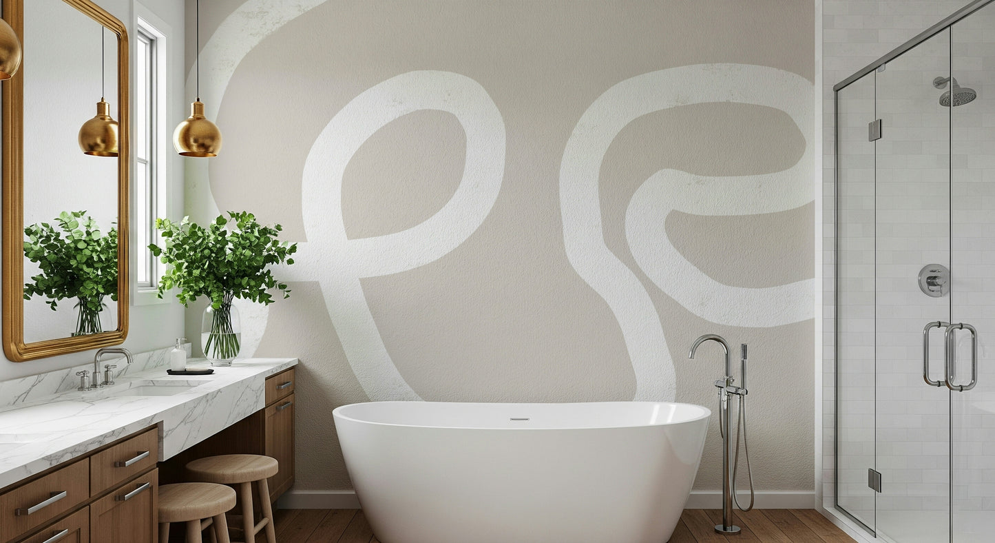A peaceful modern abstract mural on decorative wallpaper.