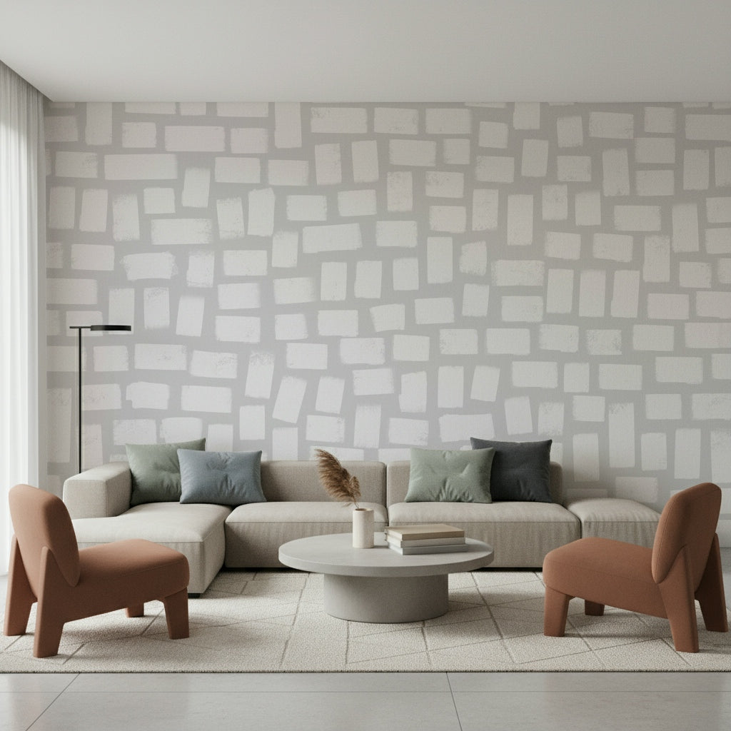A peaceful modern abstract mural on decorative wallpaper.