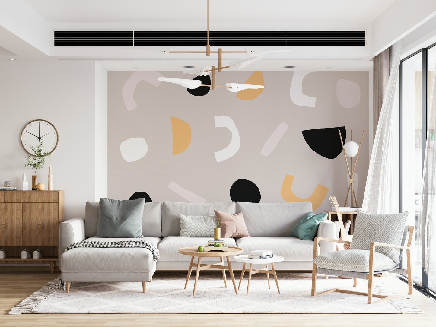 A peaceful geometric abstract mural on decorative wallpaper.
