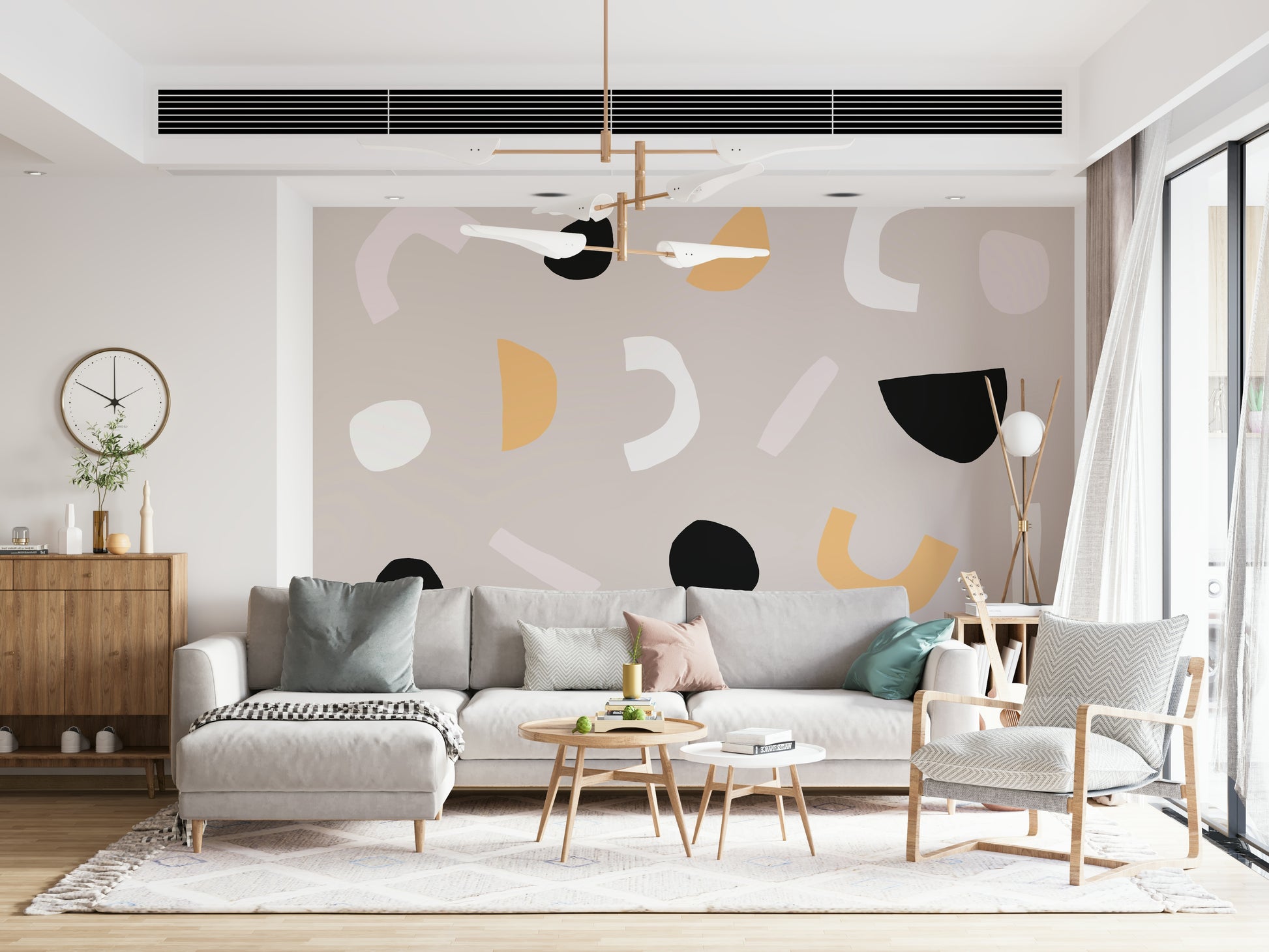 A peaceful geometric abstract mural on decorative wallpaper.