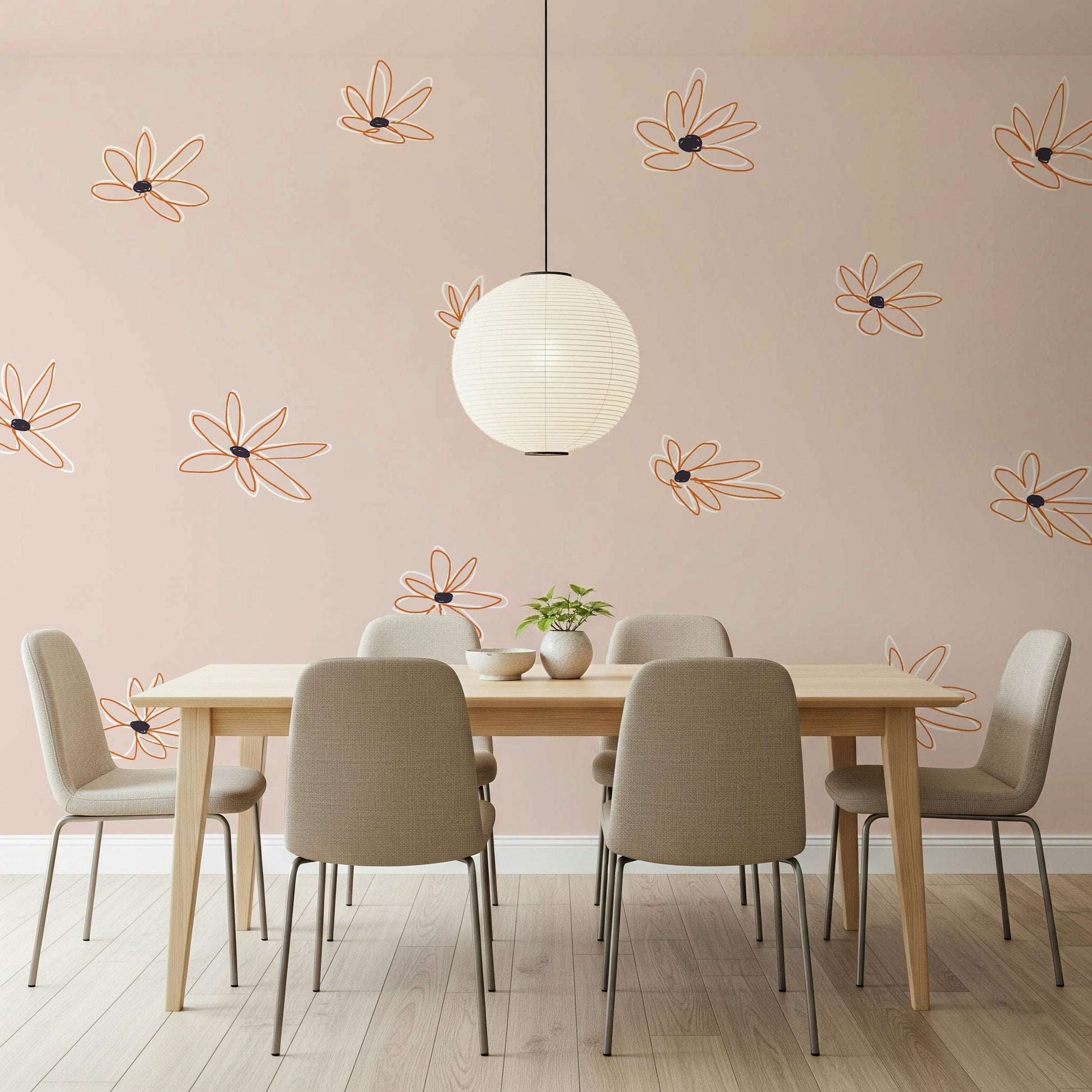 An artistic delicate bloom mural on minimalist wallpaper.