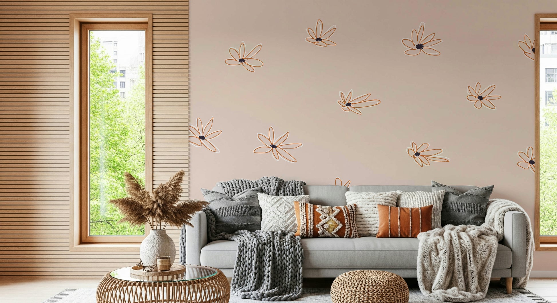 A graceful subtle flower wall mural in soft, elegant tones.