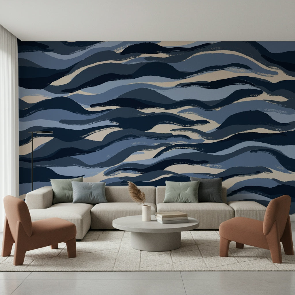 A peaceful modern abstract mural on decorative wallpaper.