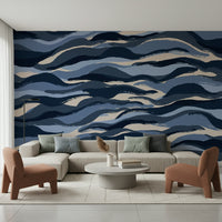 A peaceful modern abstract mural on decorative wallpaper.