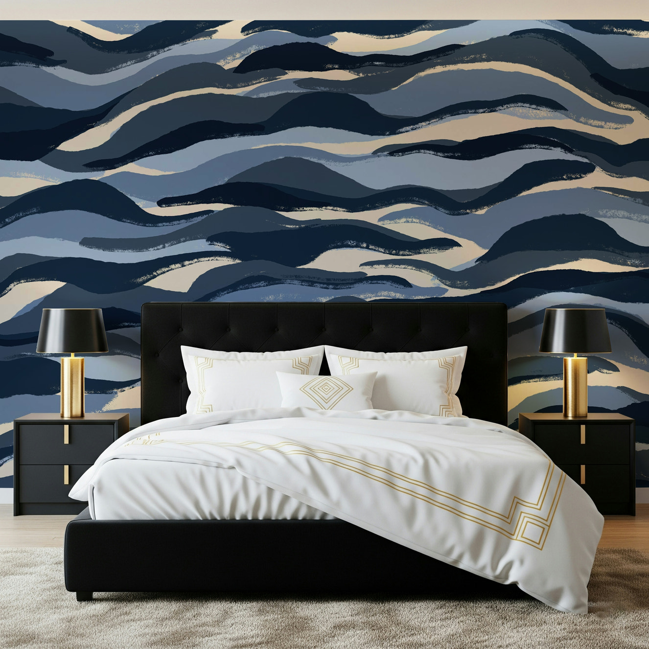 A beautiful abstract coastal wallpaper mural in deep, tranquil blue tones.