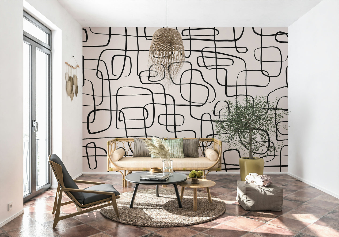 A calming abstract design wallpaper mural that defines a space.