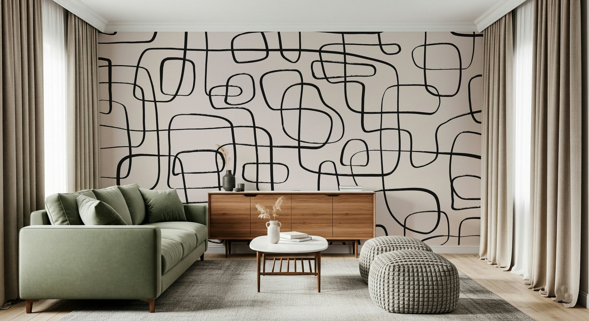 A beautiful modern art wall mural of delicate lines.