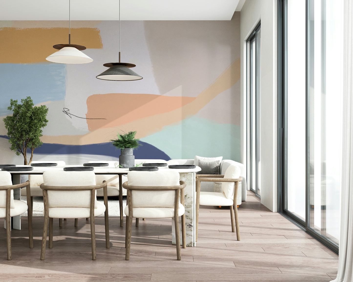 A peaceful geometric abstract mural on decorative wallpaper.