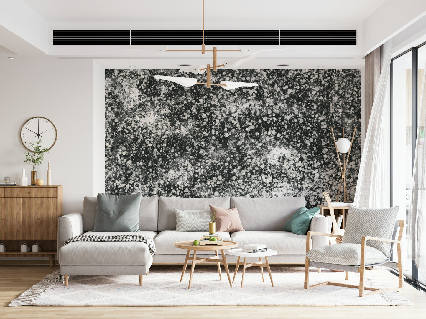 An artistic minimalist dot mural on geometric wallpaper.