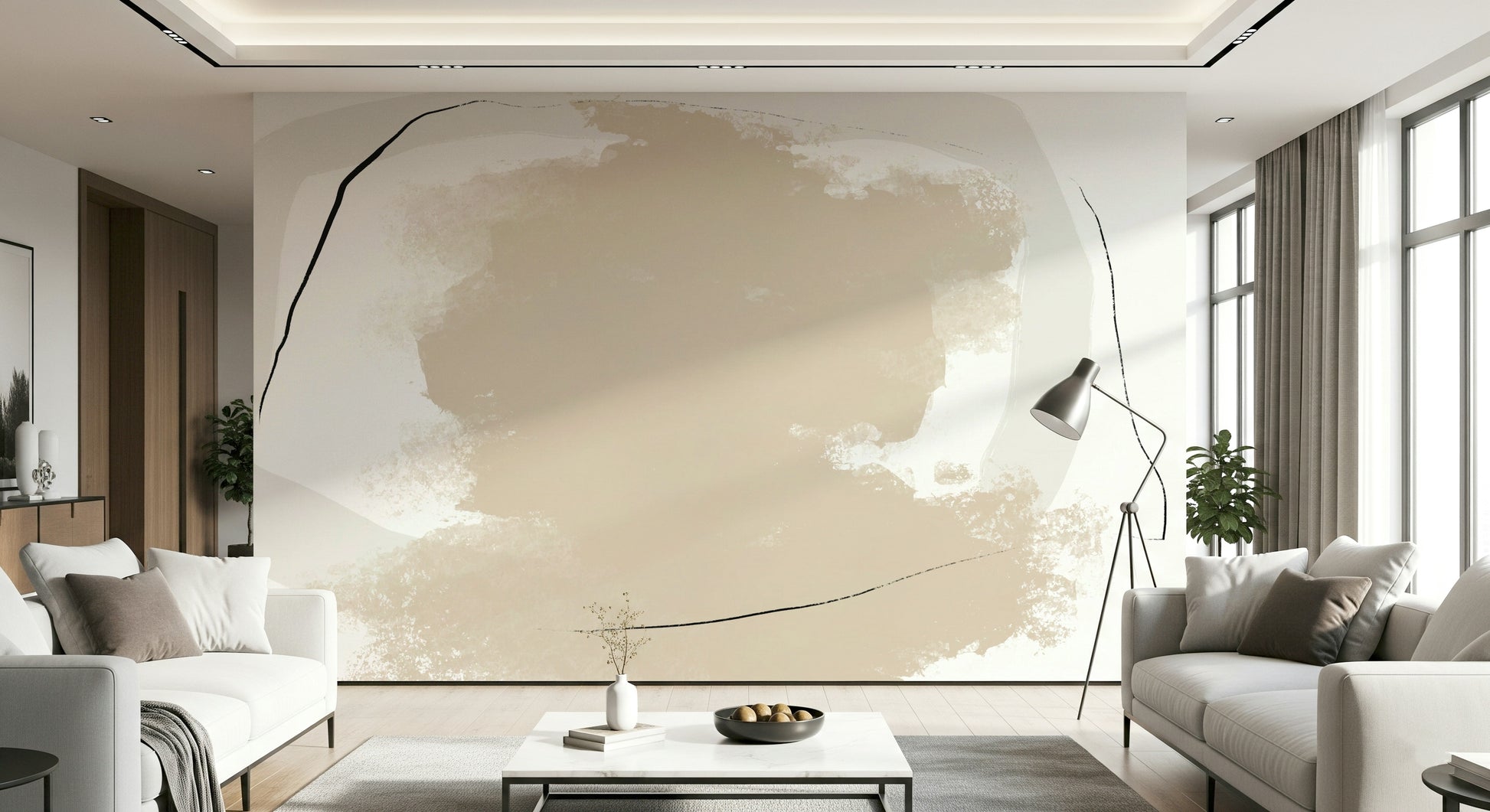A calming modern design wallpaper mural that defines a space.