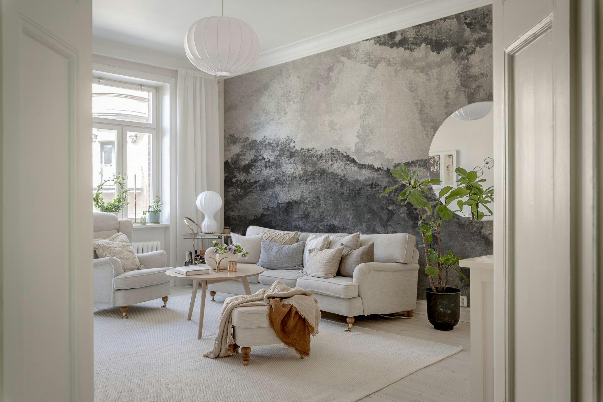 A calming ethereal design wallpaper mural that defines a space.
