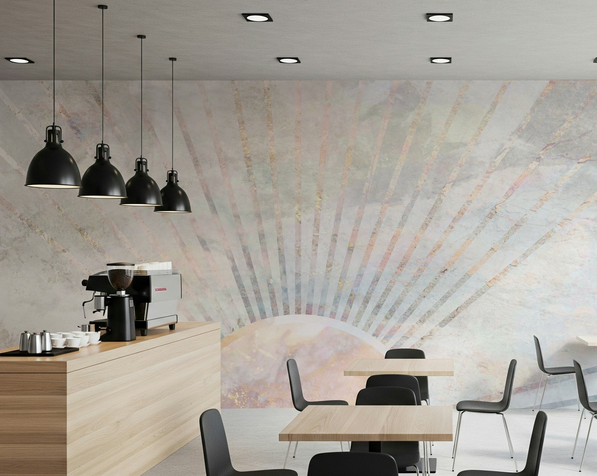 A peaceful natural marble mural on decorative wallpaper.