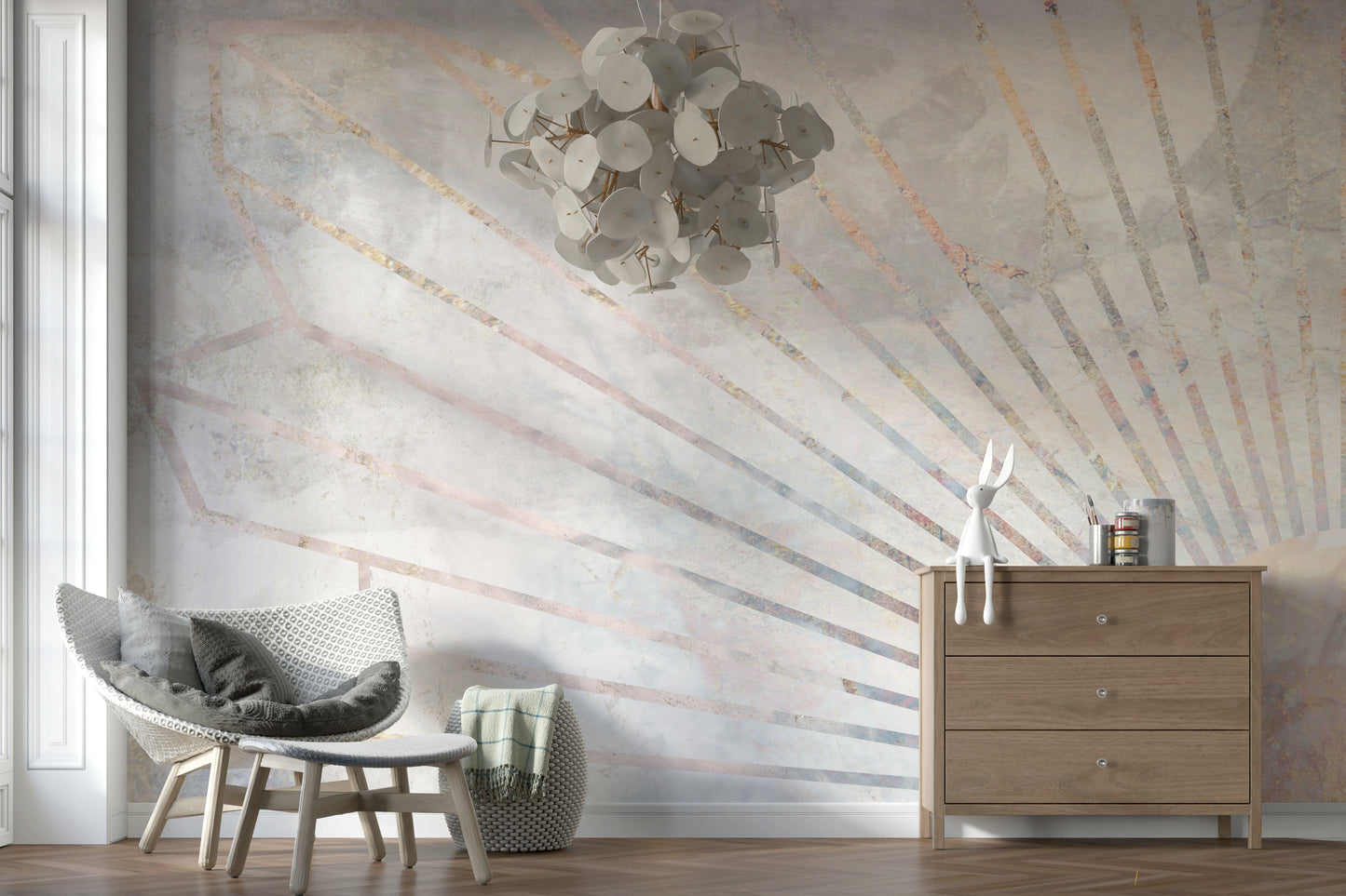 An artistic modern block mural on minimalist wallpaper.