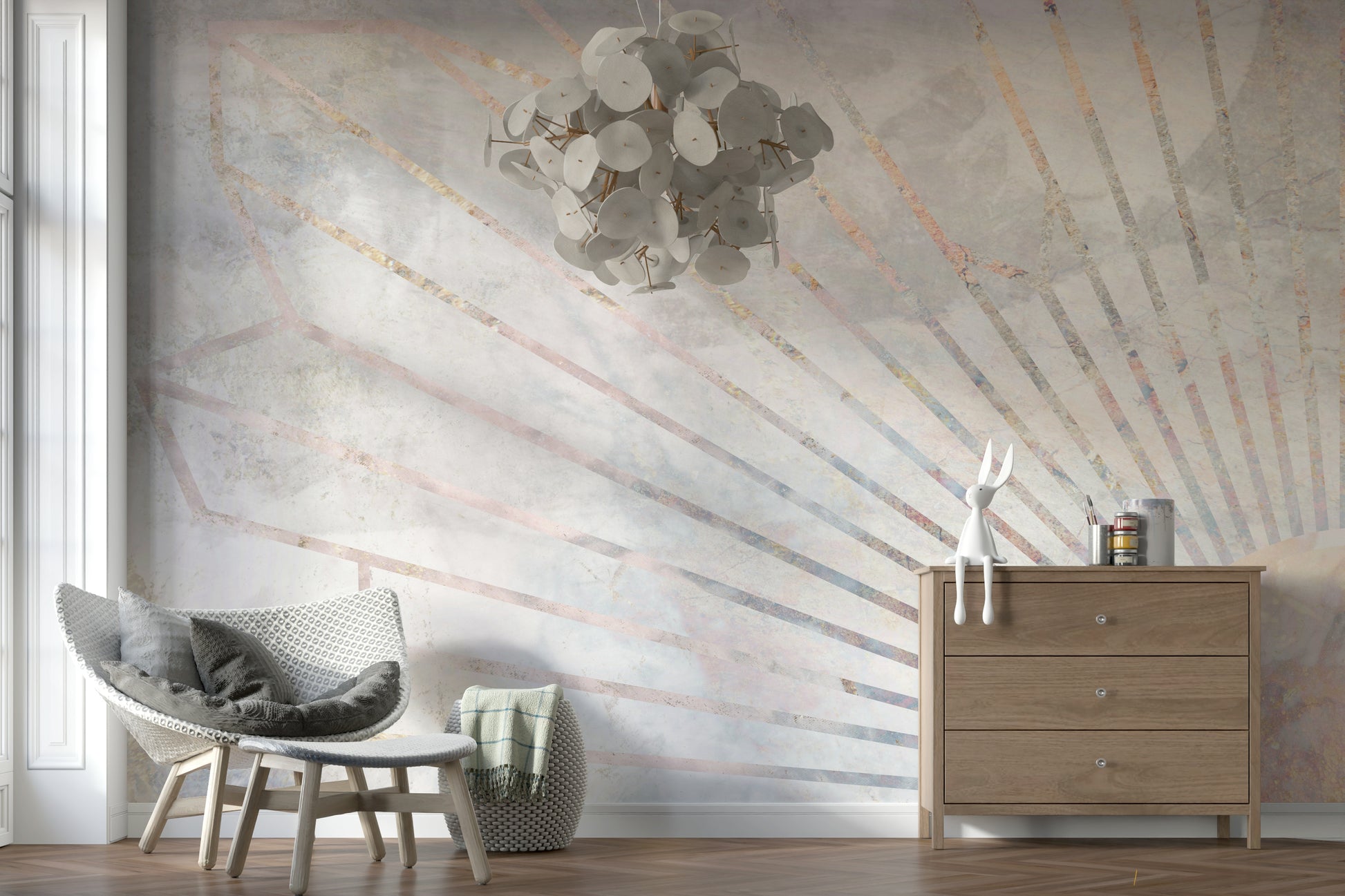 An artistic modern block mural on minimalist wallpaper.