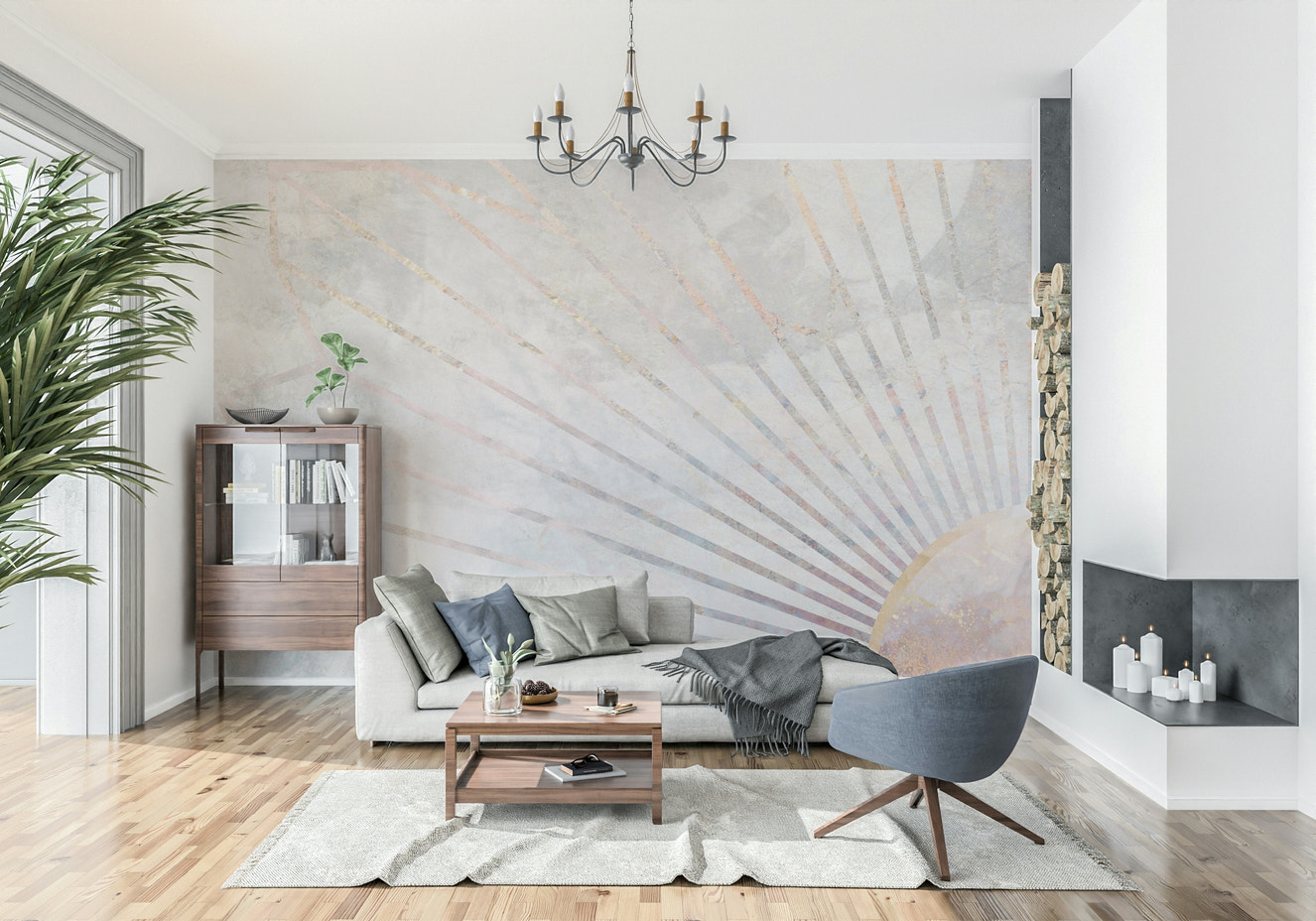 A beautiful abstract geometric wallpaper mural with subtle light.