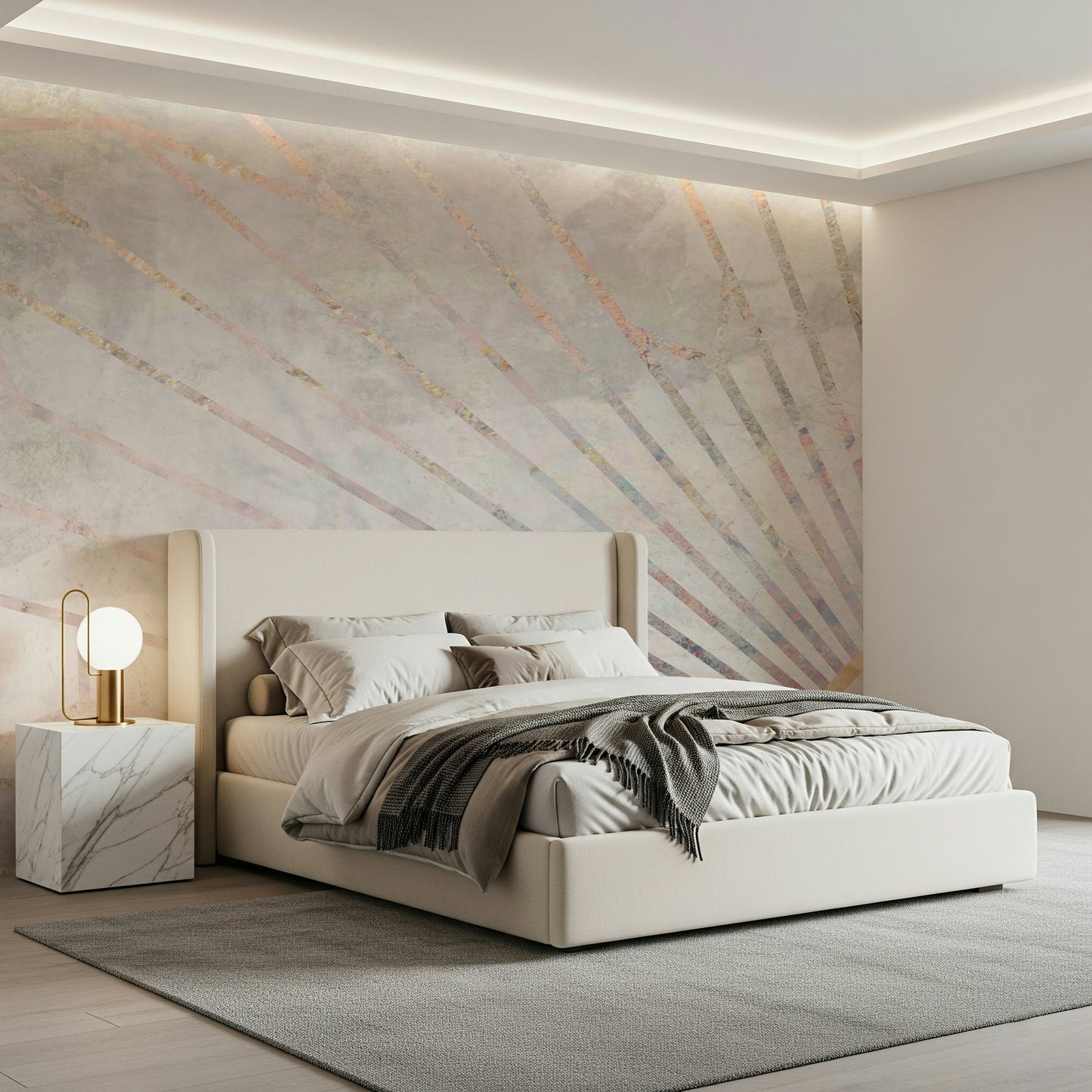 A contemplative geometric design wallpaper mural for a feature wall.