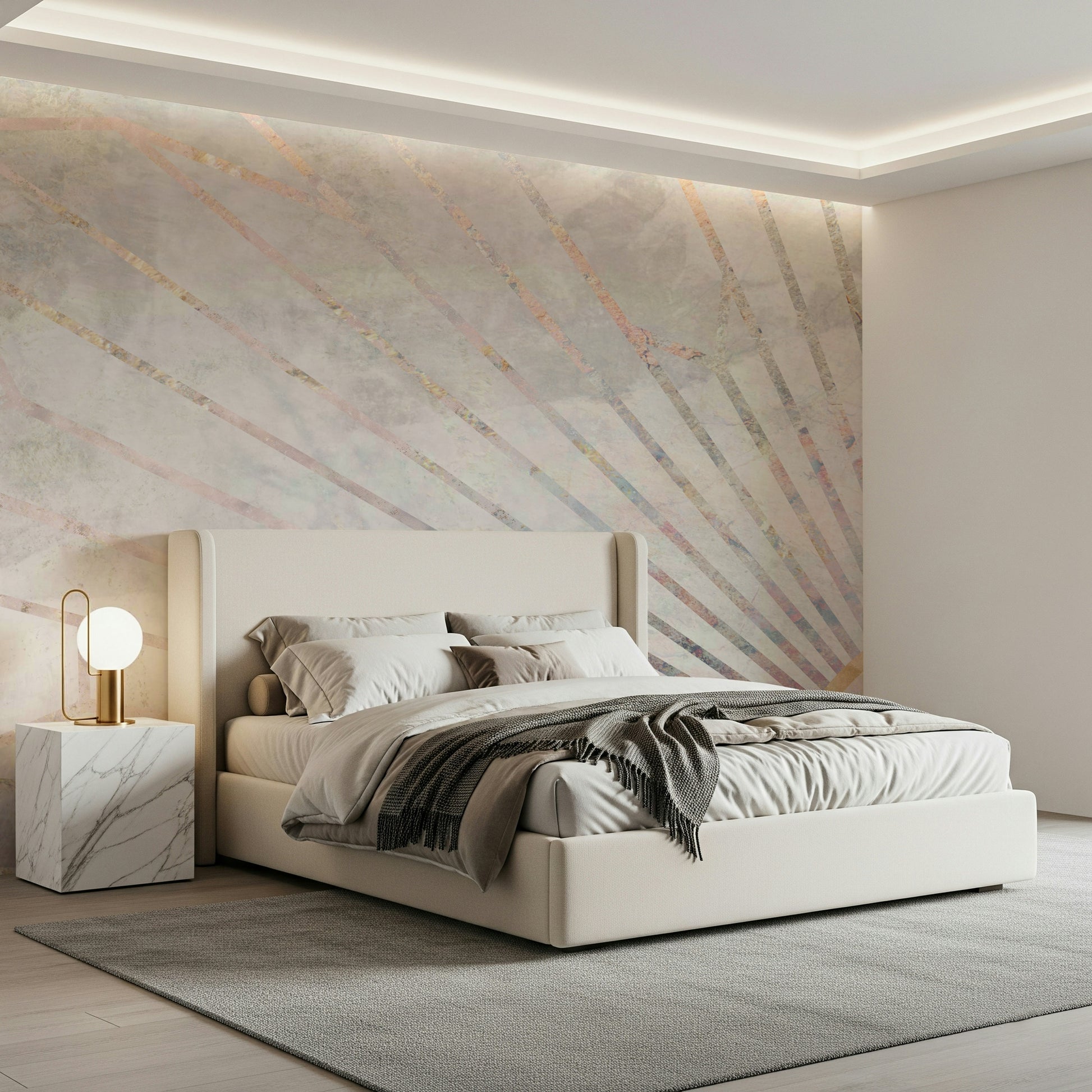 A contemplative geometric design wallpaper mural for a feature wall.