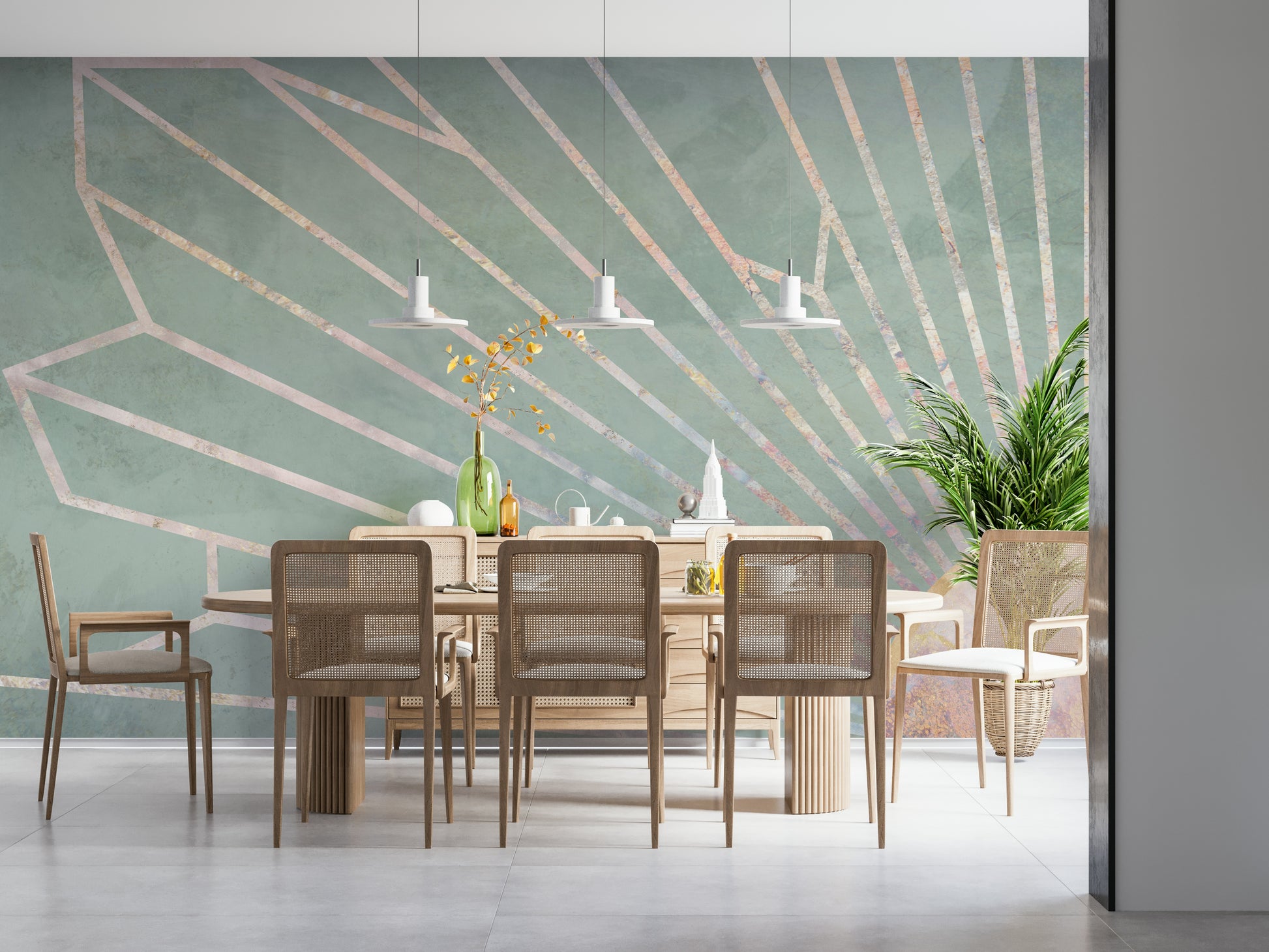 A peaceful modern abstract mural on decorative wallpaper.