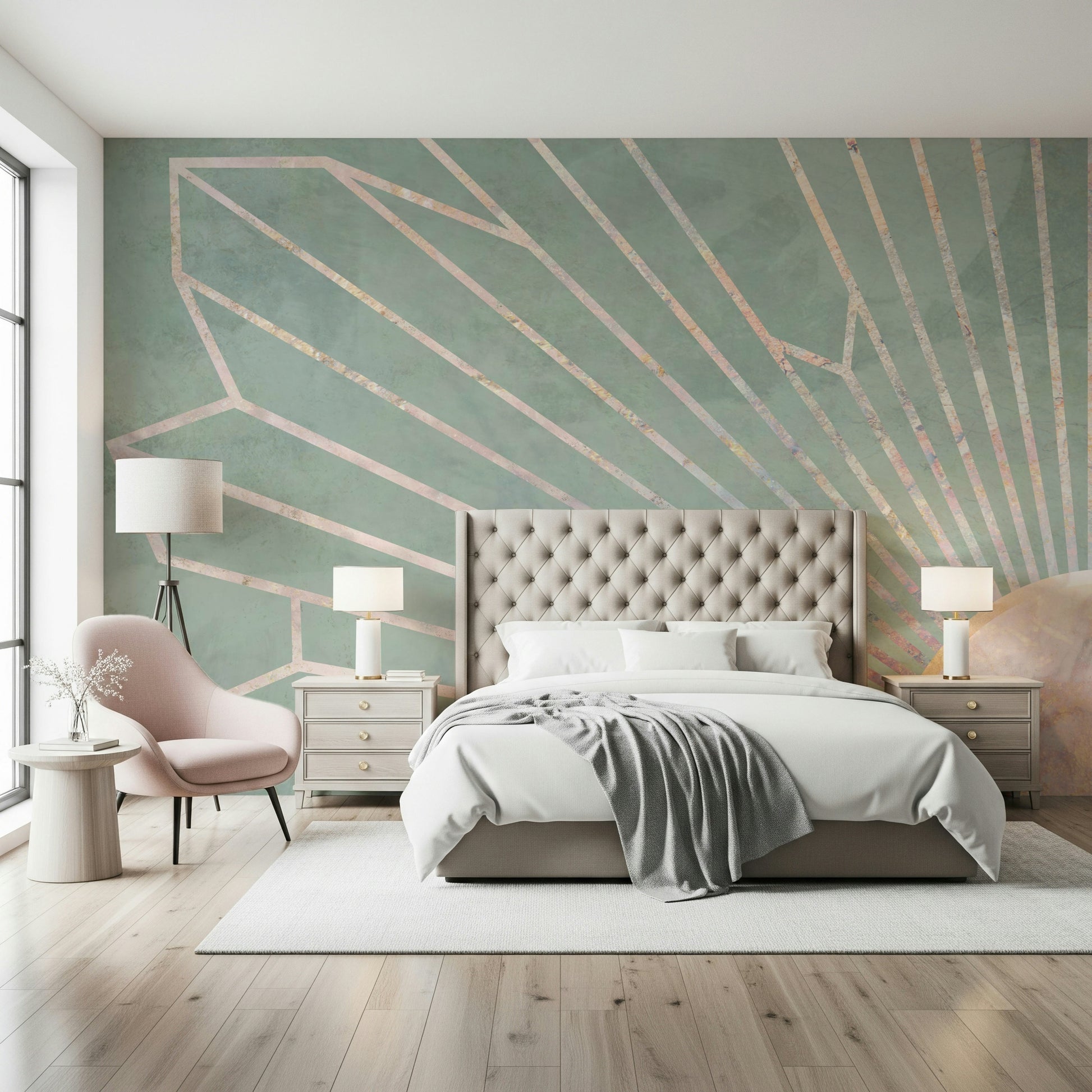 A calming abstract design wallpaper mural that defines a space.