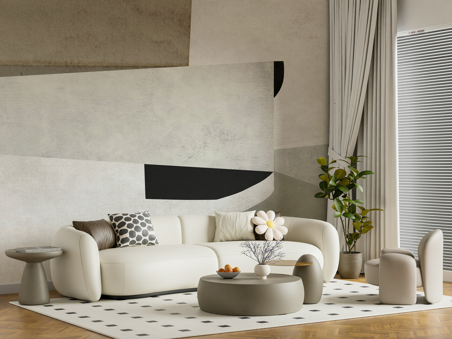 An artistic abstract shape mural on minimalist wallpaper.