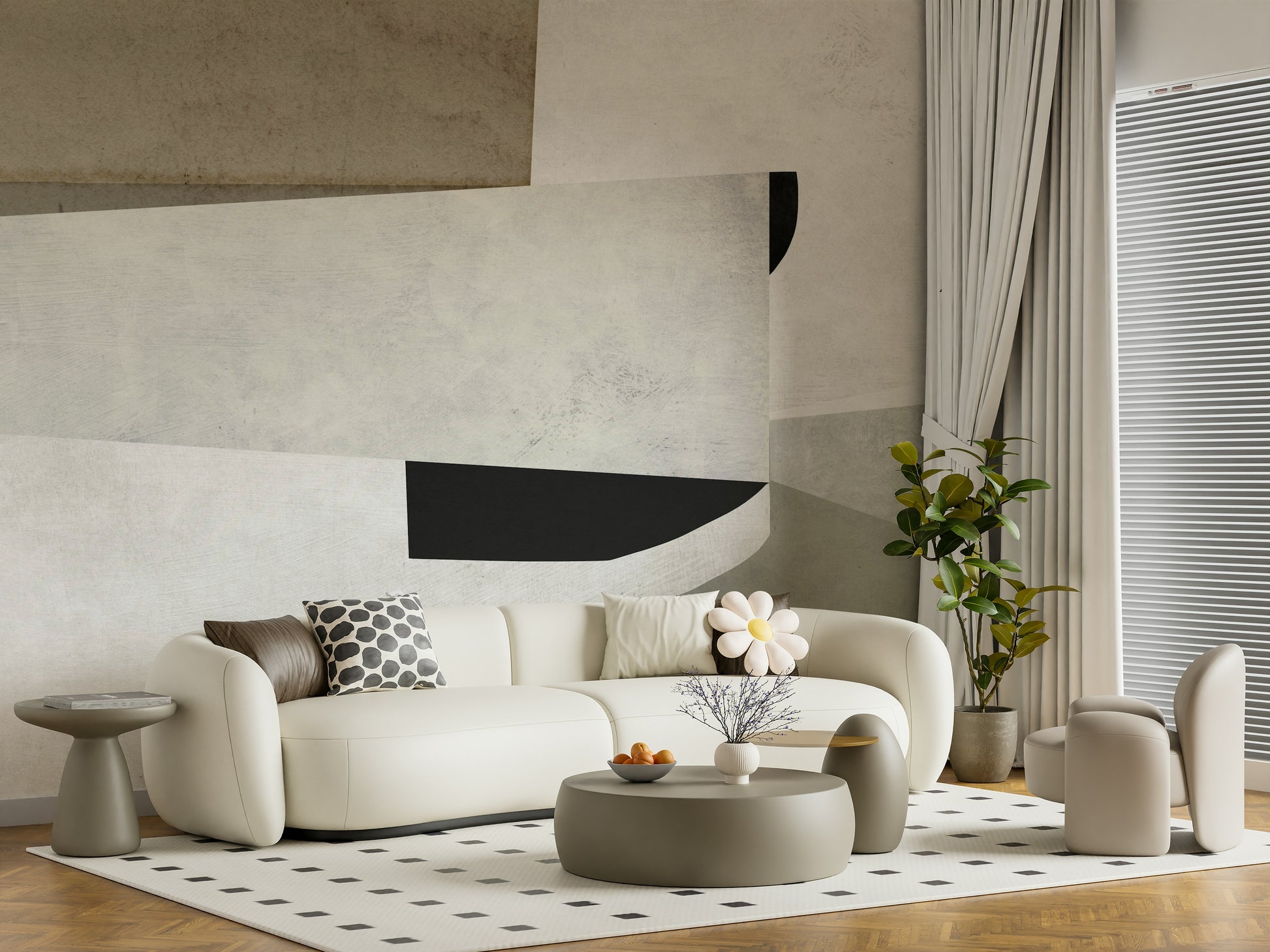 An artistic abstract shape mural on minimalist wallpaper.