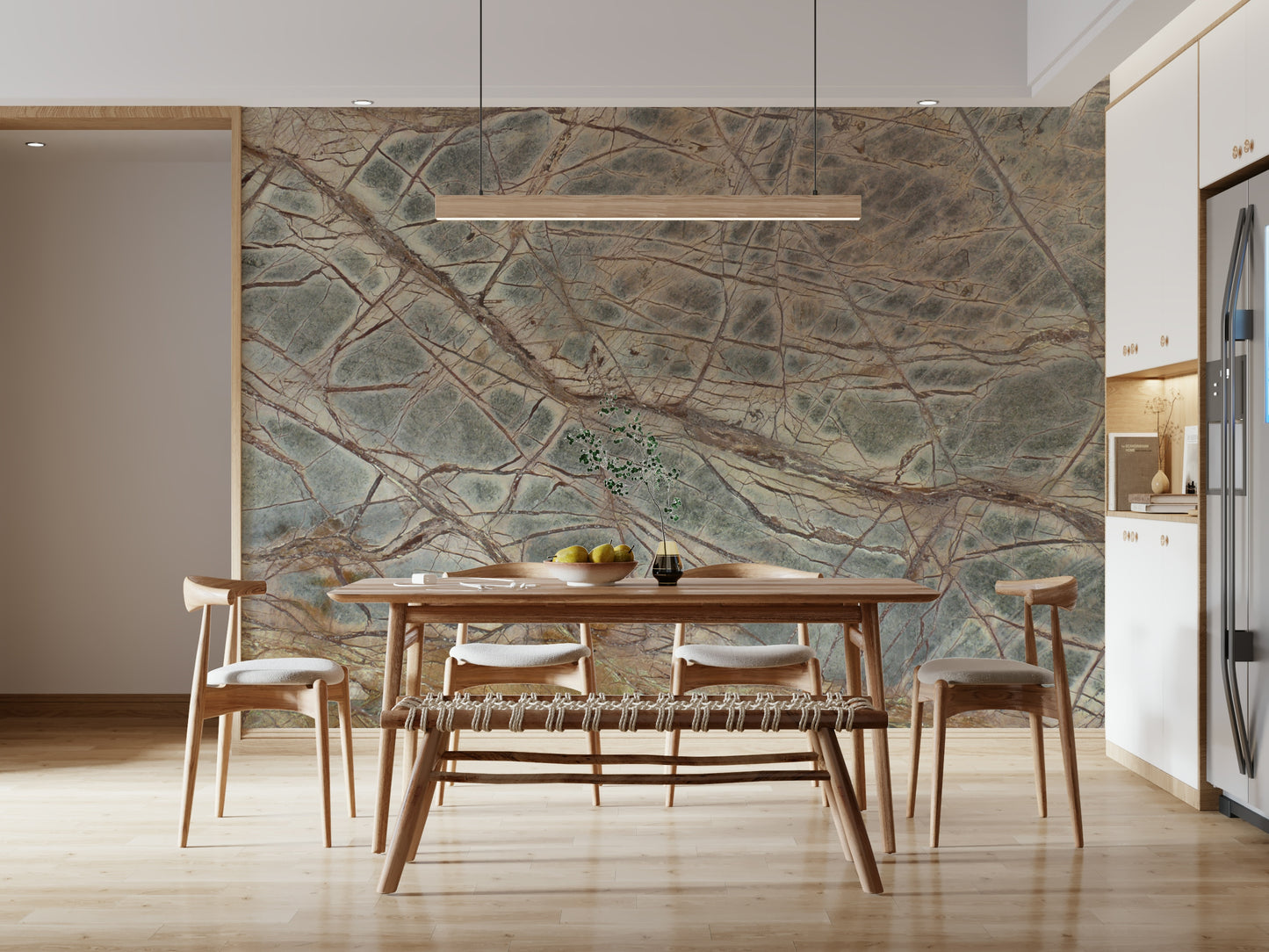 A serene abstract stone wall mural in deep, earthy tones.