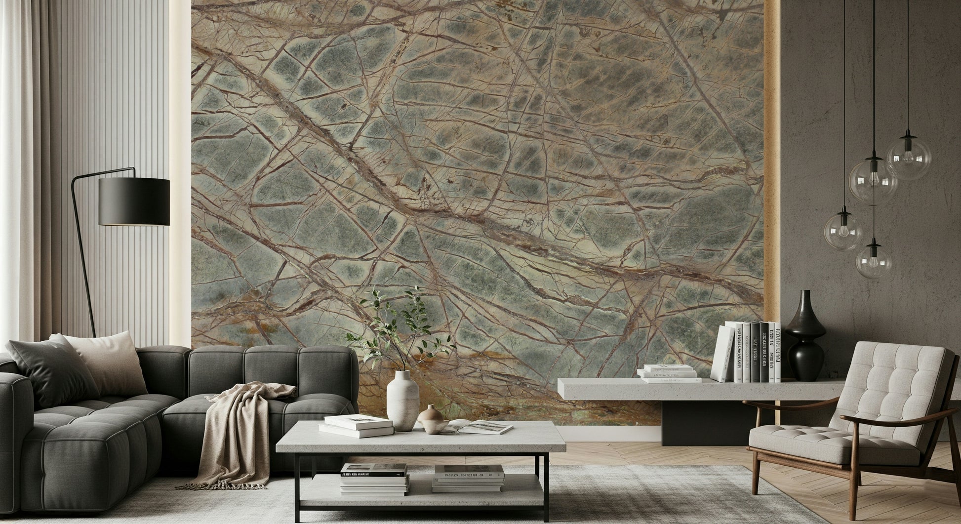 A beautiful forest green marble wallpaper mural with natural veining.