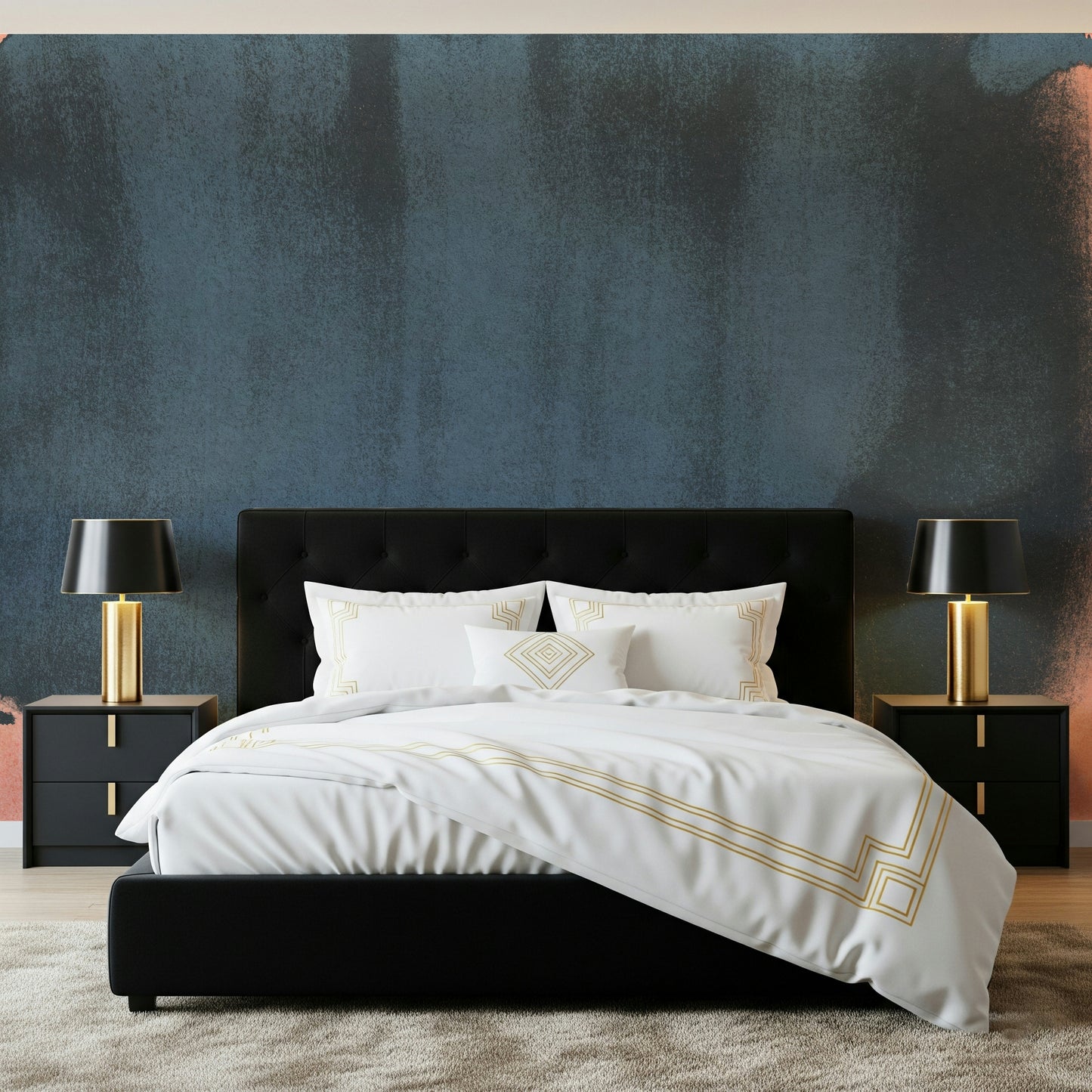 A peaceful modern abstract mural on decorative wallpaper.