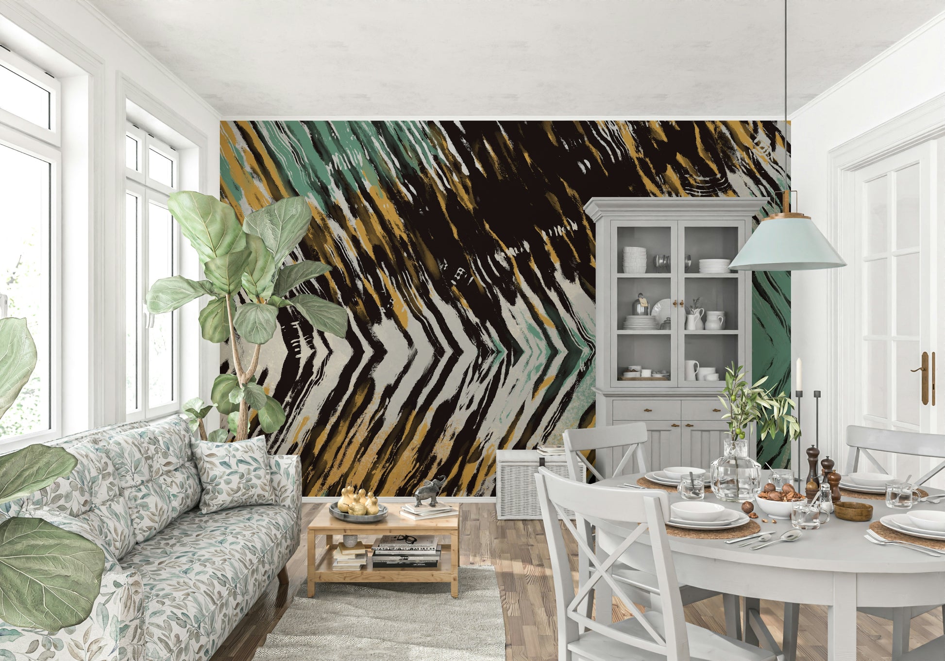 A peaceful modern abstract mural on decorative wallpaper.