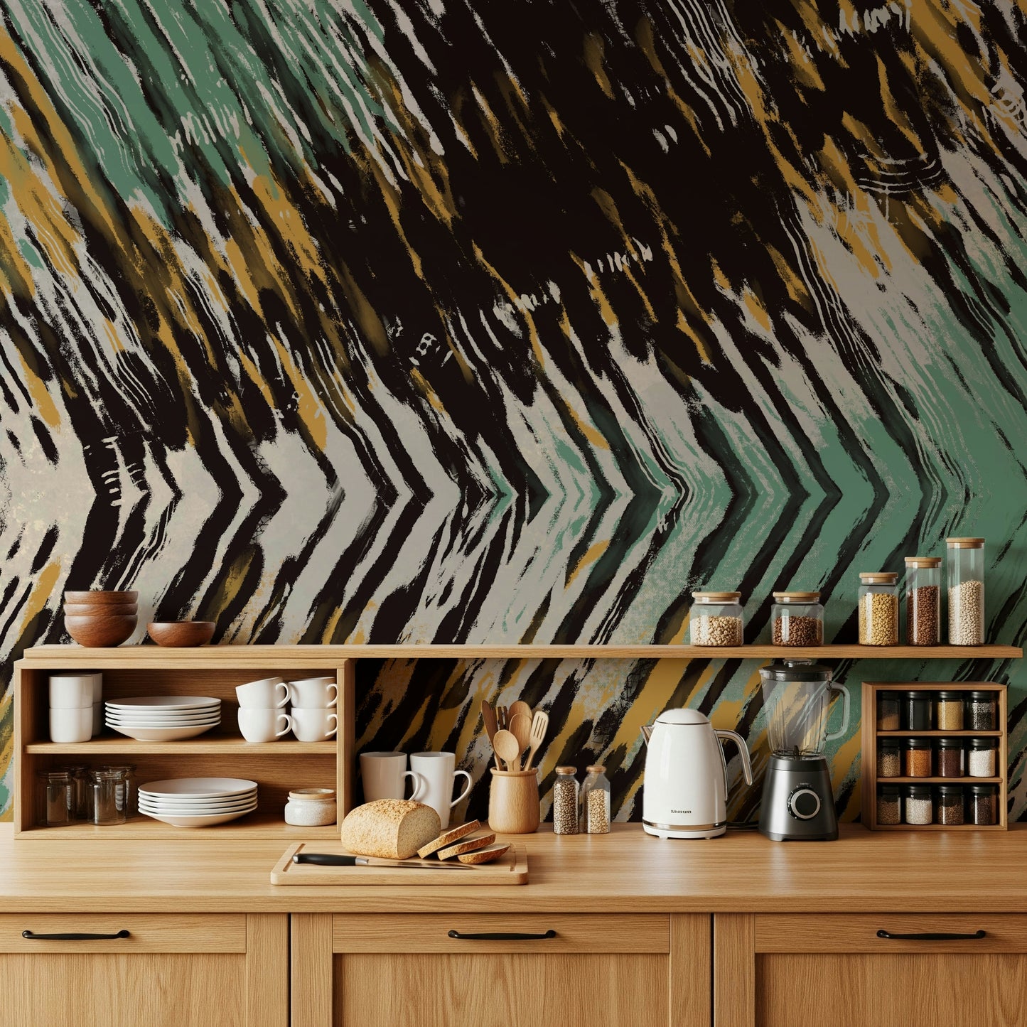 A calming abstract design wallpaper mural that defines a space.