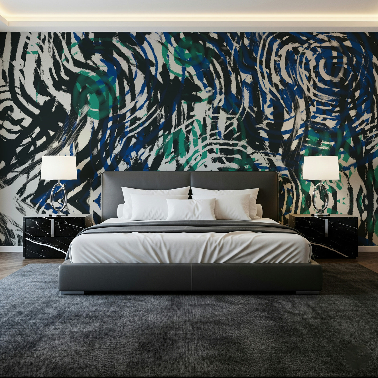 A beautiful abstract brushstroke wallpaper mural with a groovy, retro pattern.