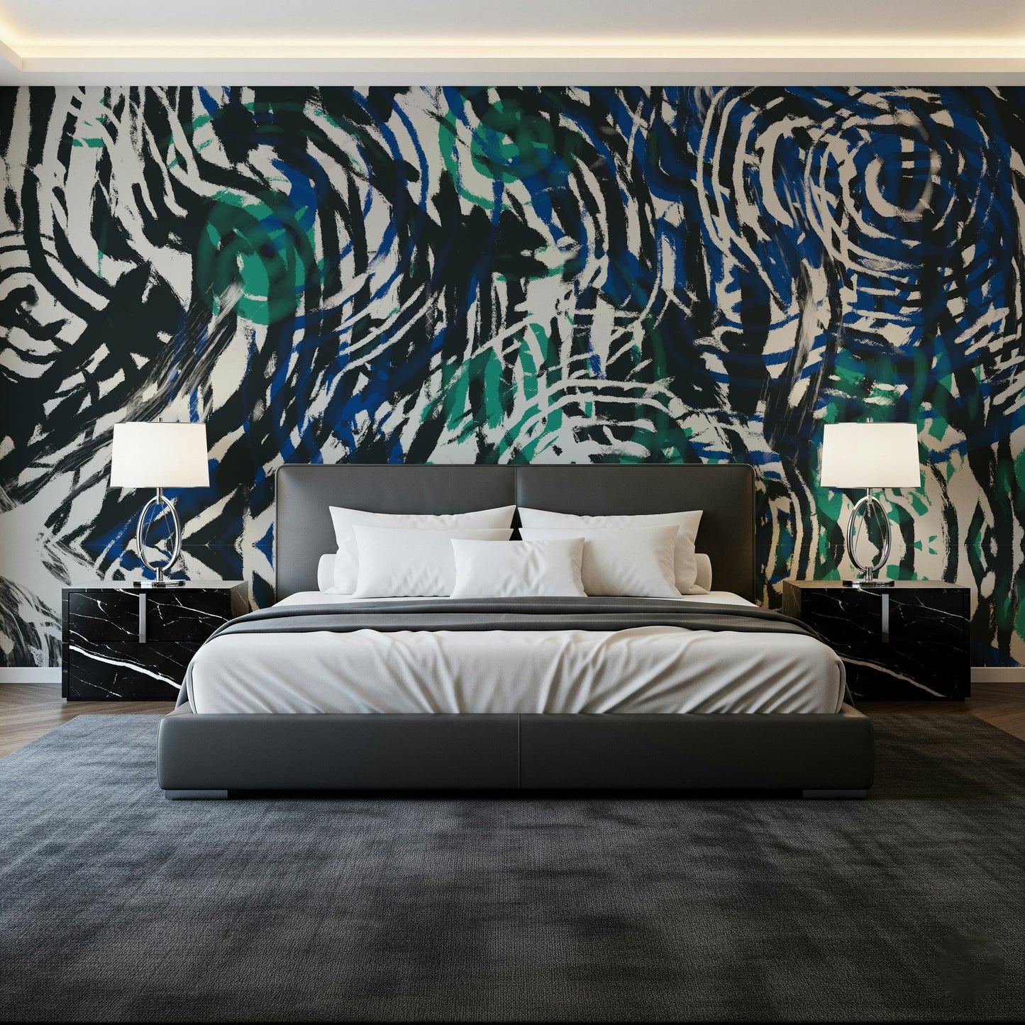A beautiful abstract brushstroke wallpaper mural with a groovy, retro pattern.
