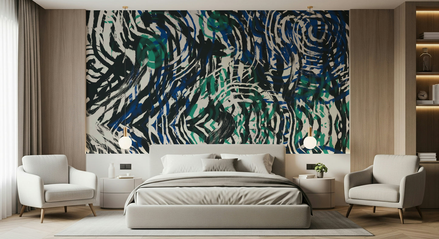 A calming abstract design wallpaper mural that defines a space.