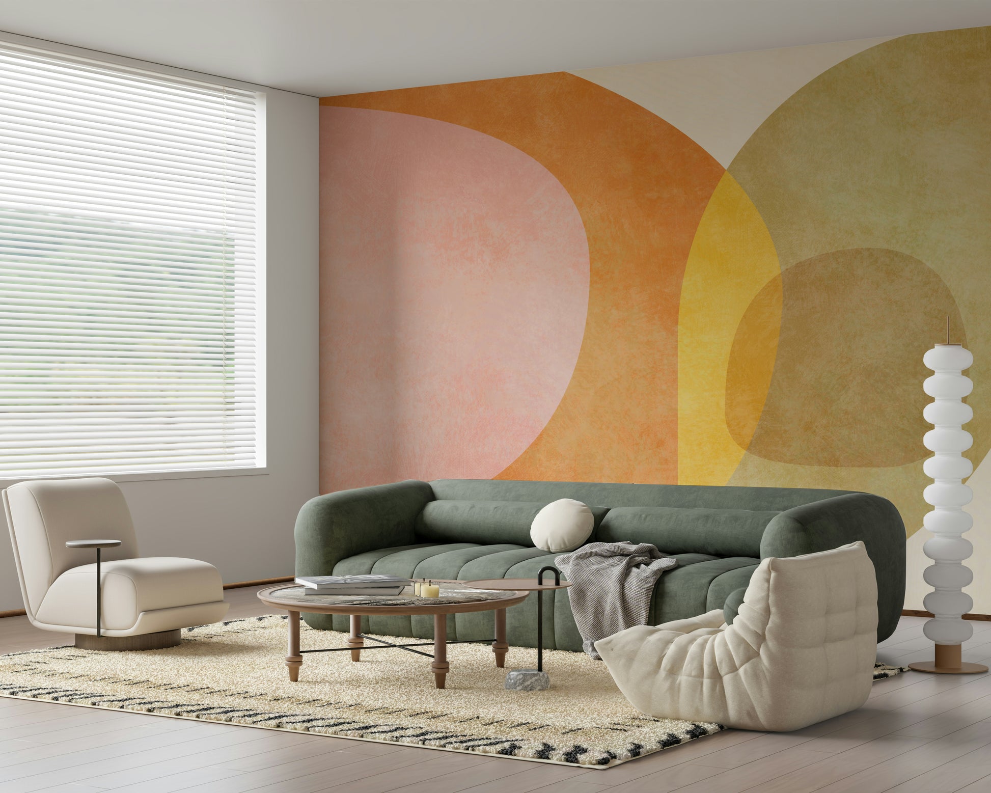 A graceful subtle curve wall mural in cool, tranquil tones.
