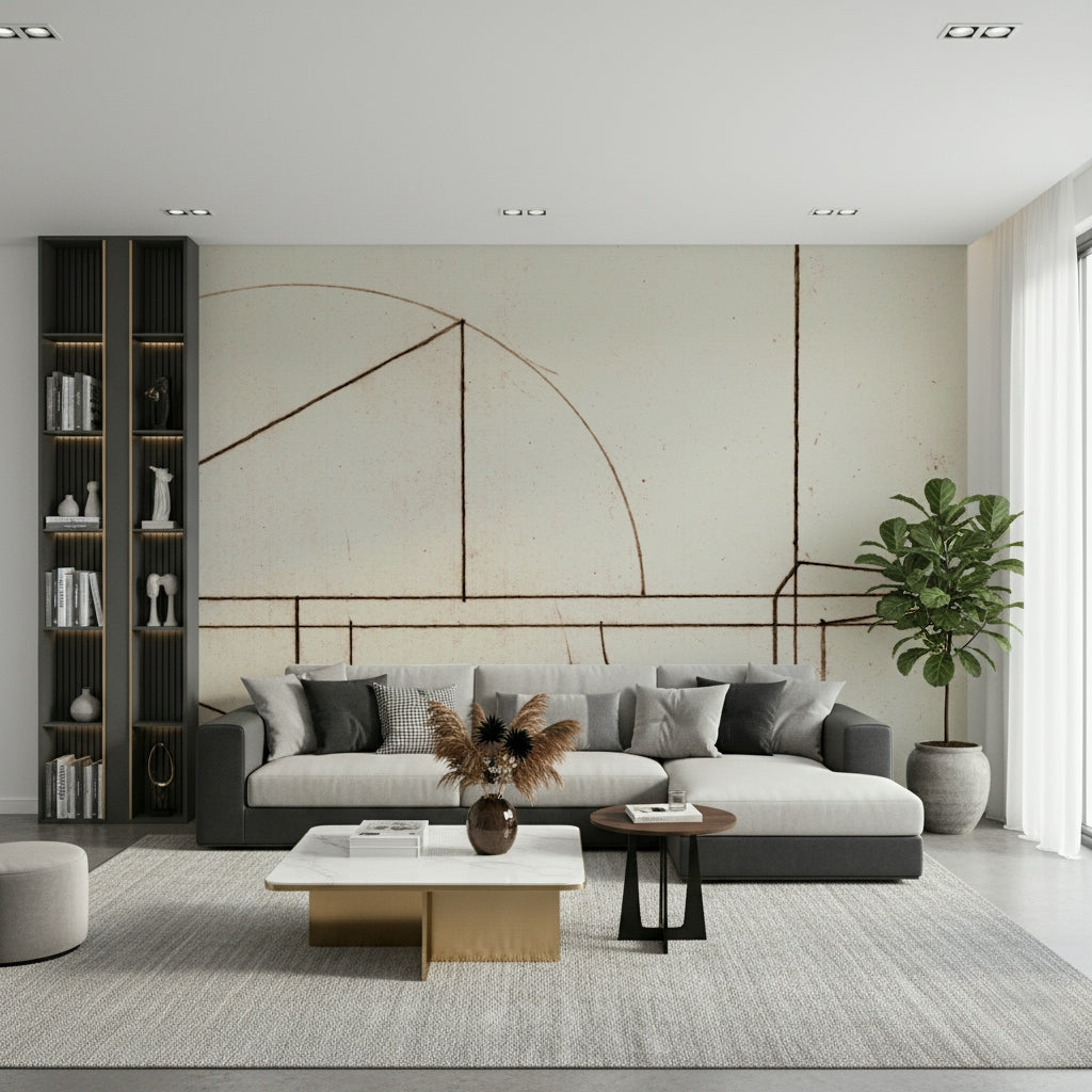 A peaceful modern abstract mural on decorative wallpaper.