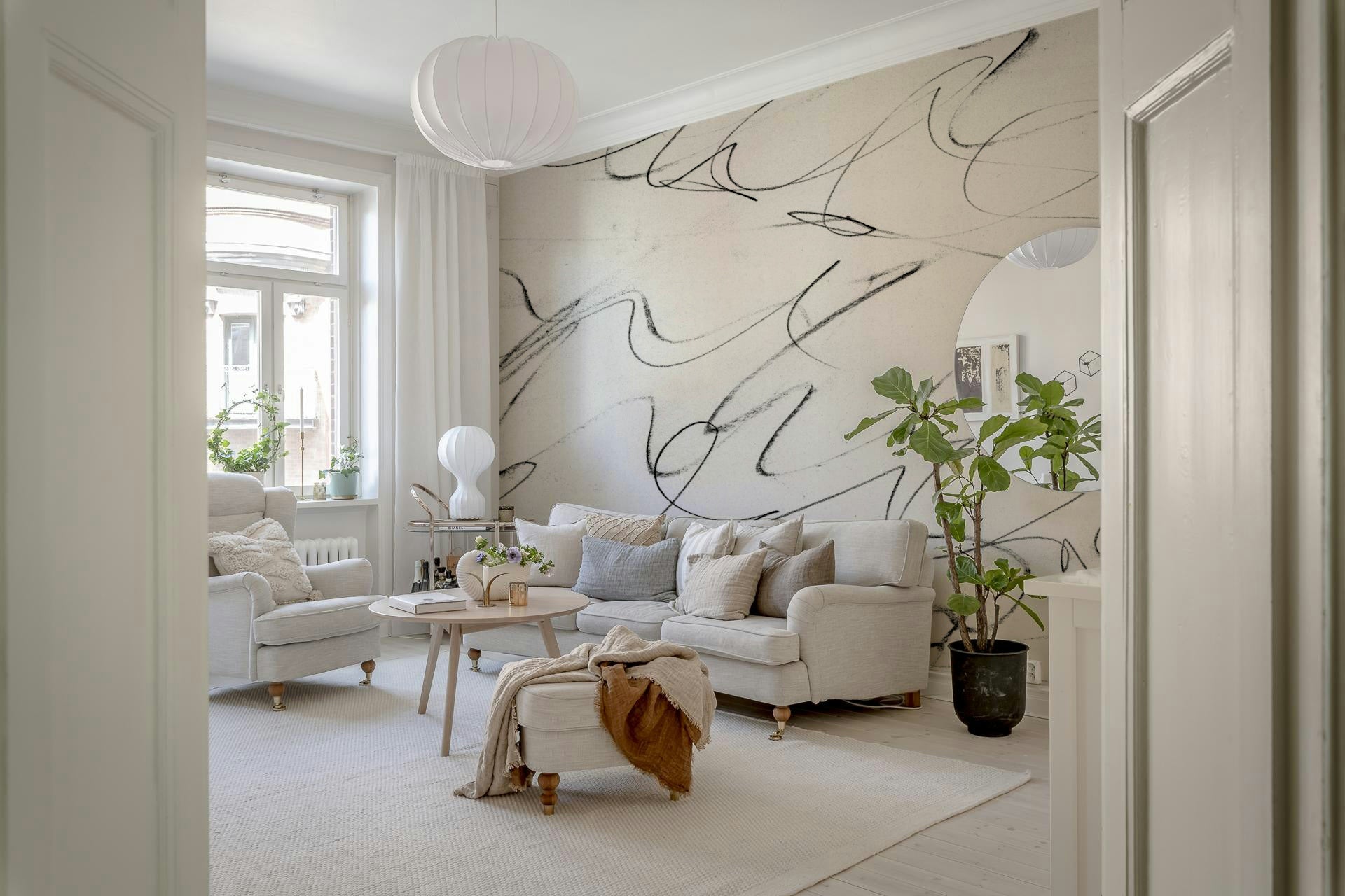 A beautiful modern art wall mural of delicate lines.