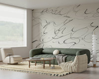A peaceful modern abstract mural on decorative wallpaper.