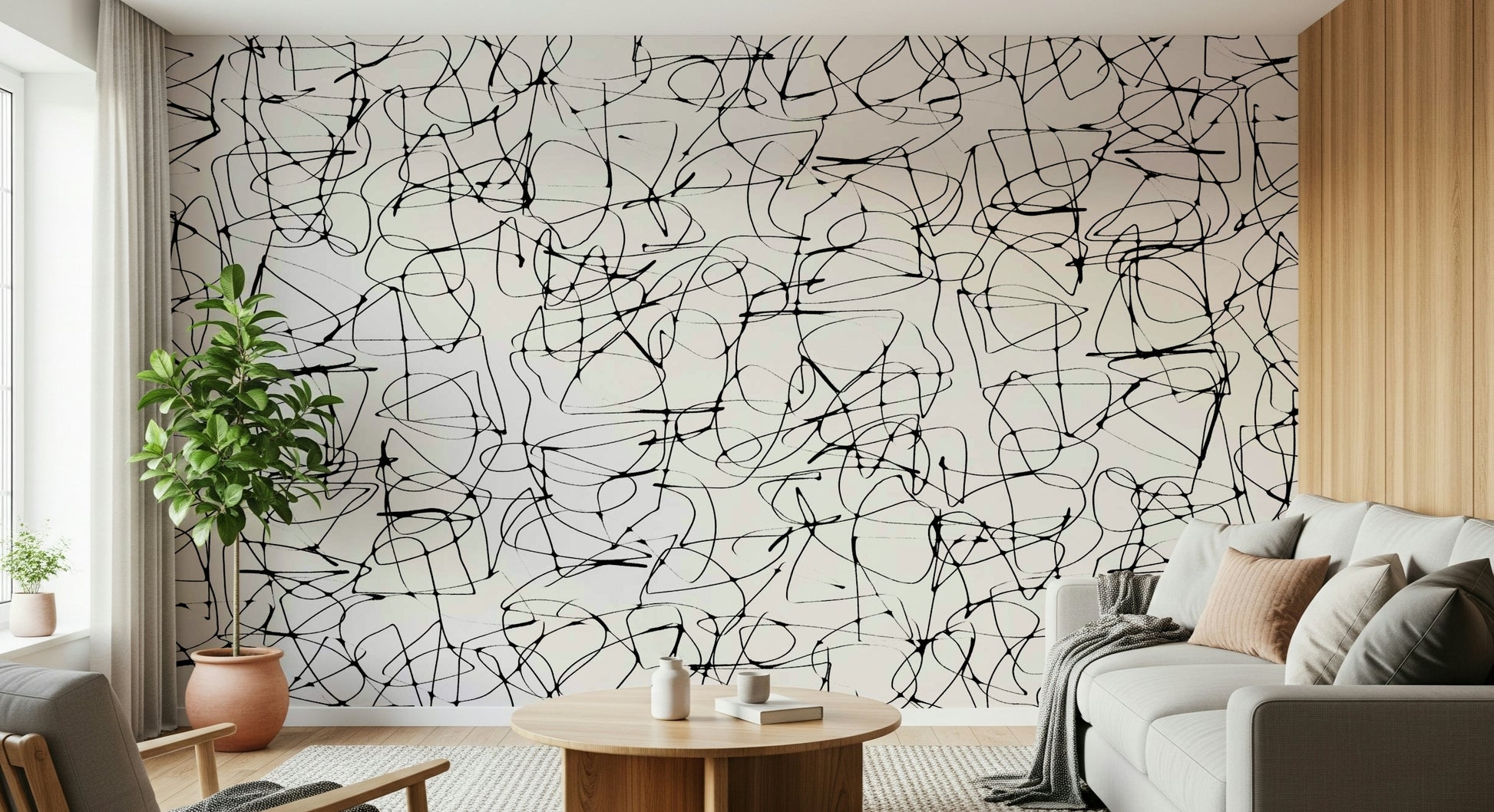 A beautiful abstract scribble wallpaper mural with dynamic lines.