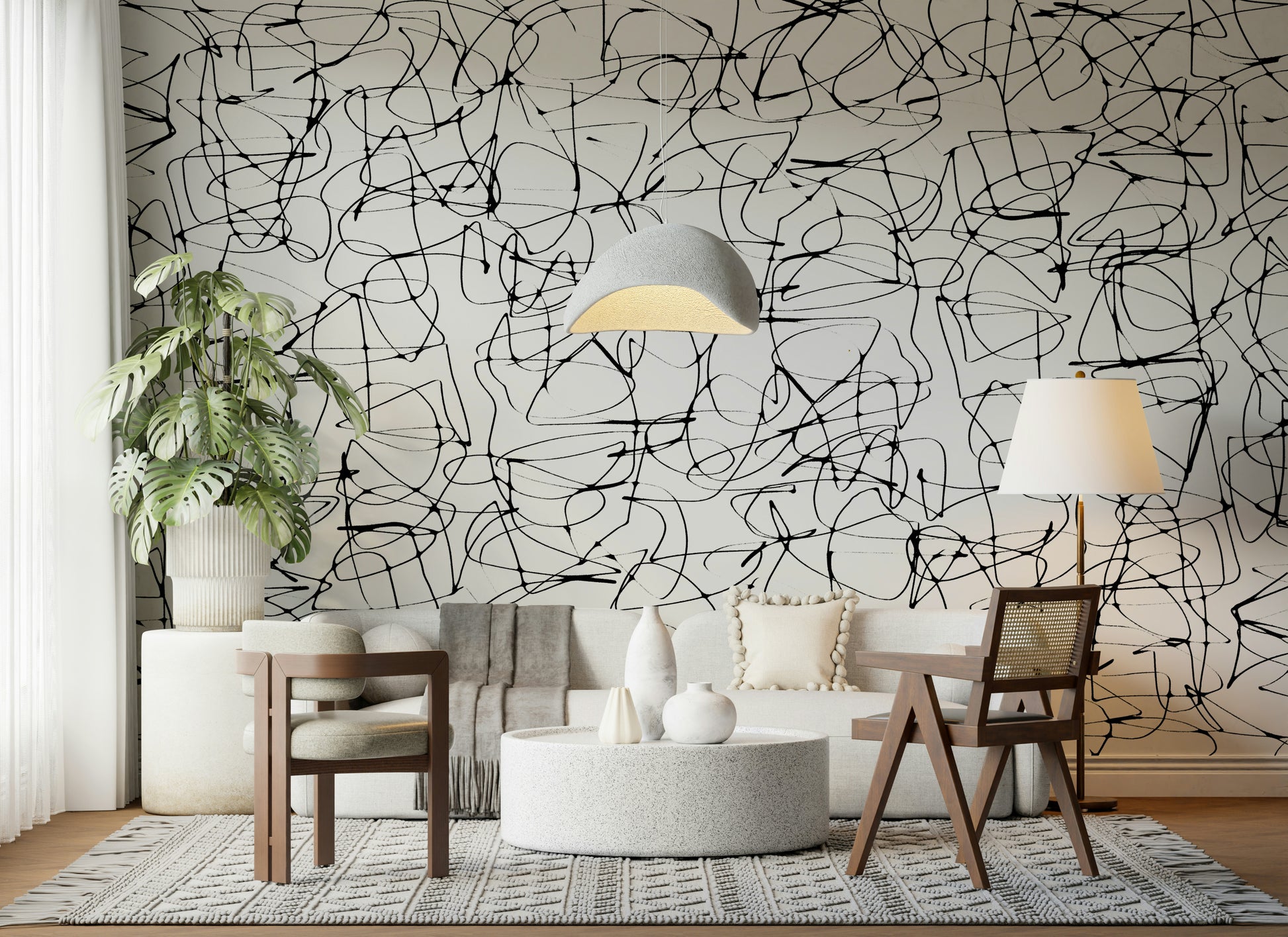 A beautiful modern art wall mural of delicate lines.