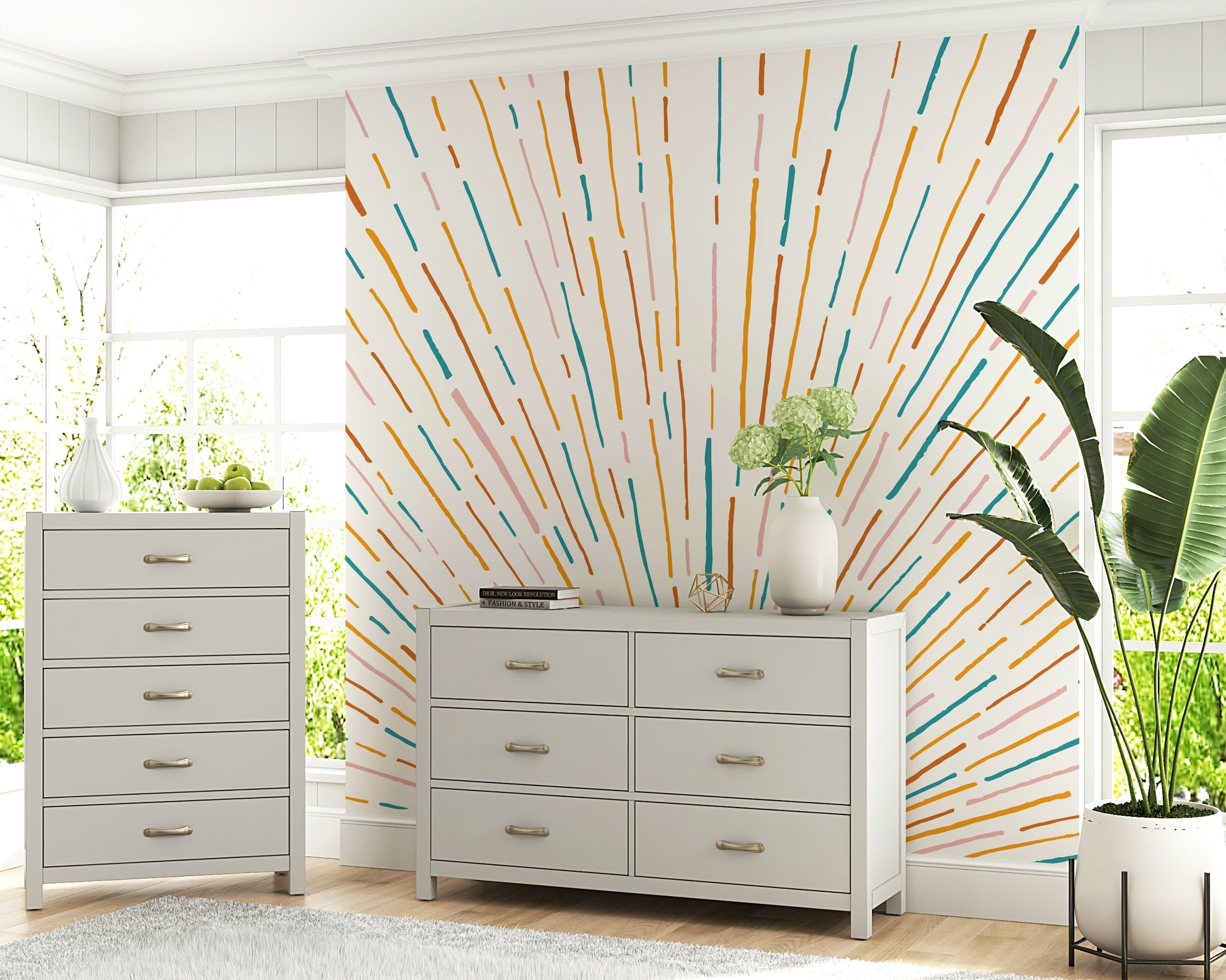A calming abstract design wallpaper mural that defines a space.