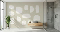 A peaceful modern abstract mural on decorative wallpaper.