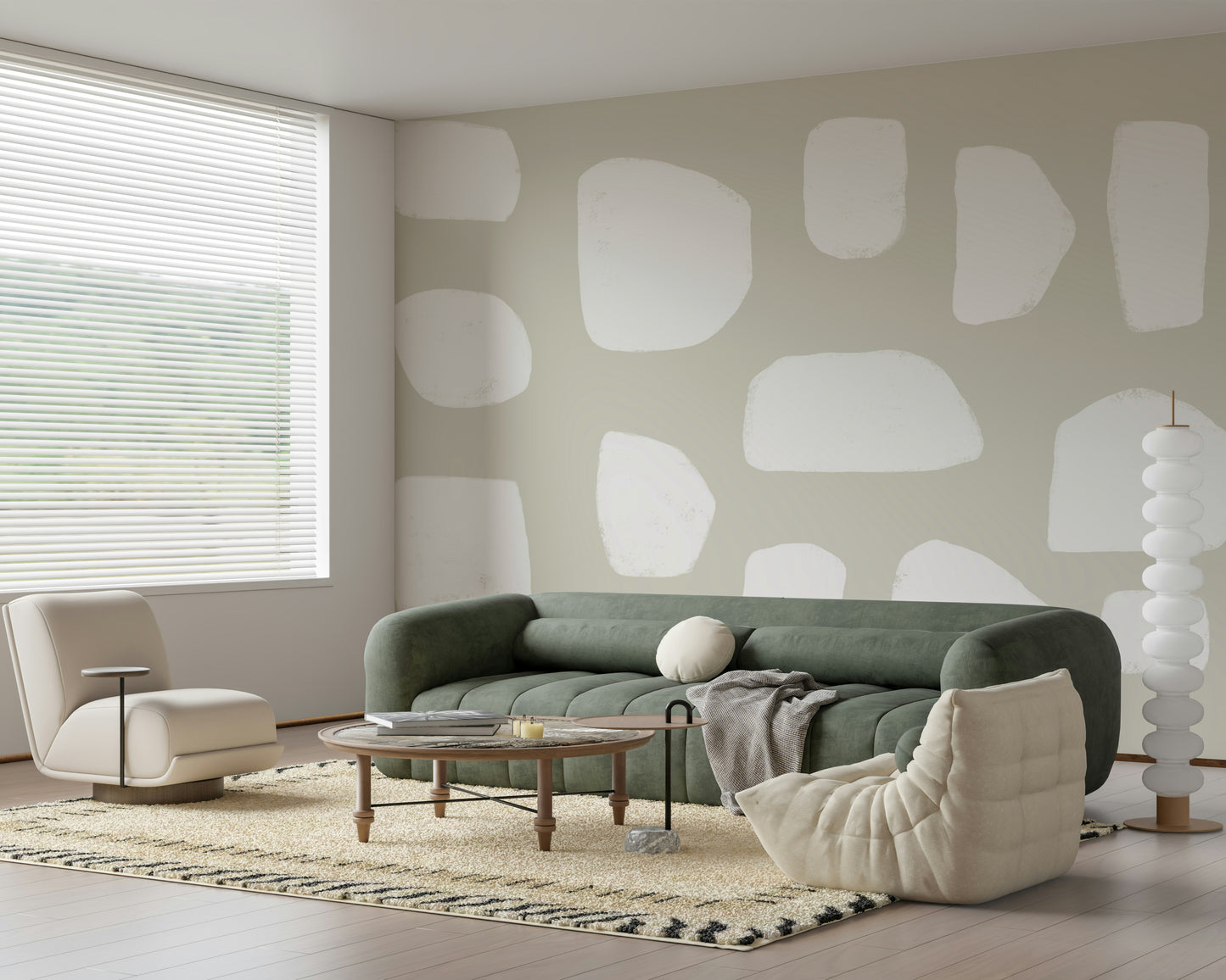 A calming abstract design wallpaper mural that defines a space.