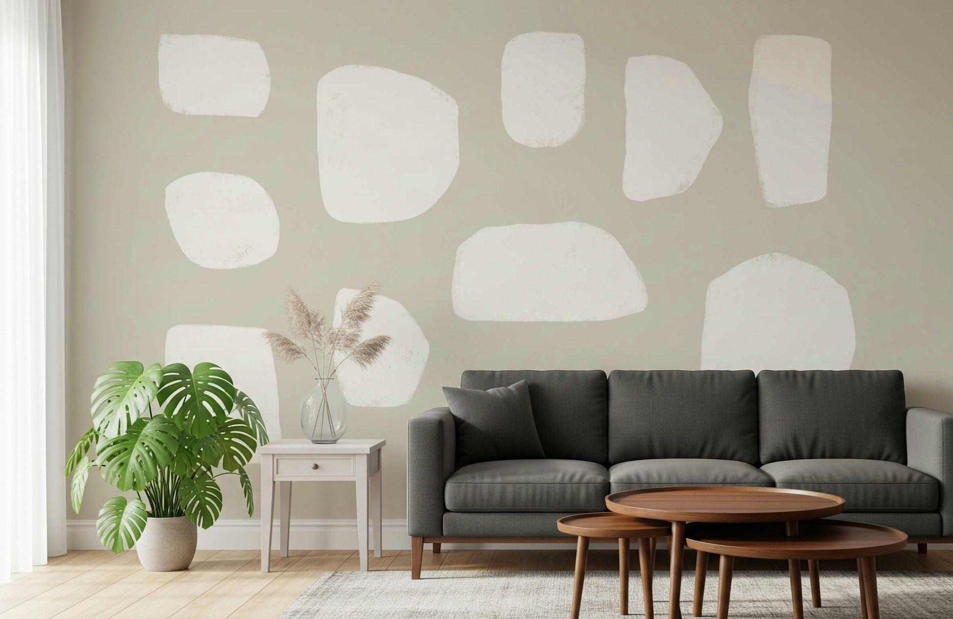 A graceful subtle pattern wall mural in cool, neutral tones.