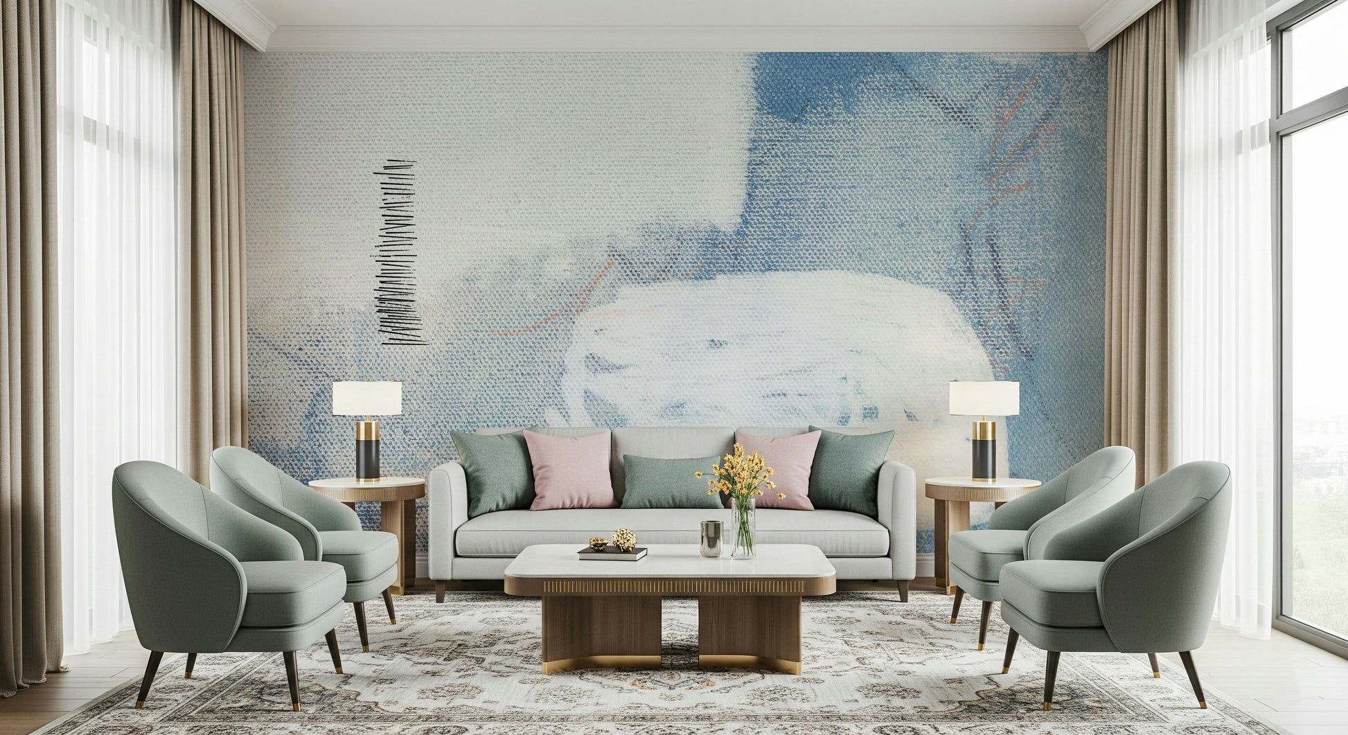 A graceful subtle pattern wall mural in cool, tranquil tones.