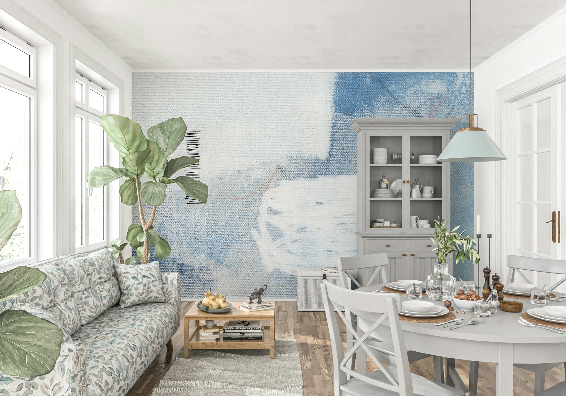 A calming abstract design wallpaper mural that defines a space.