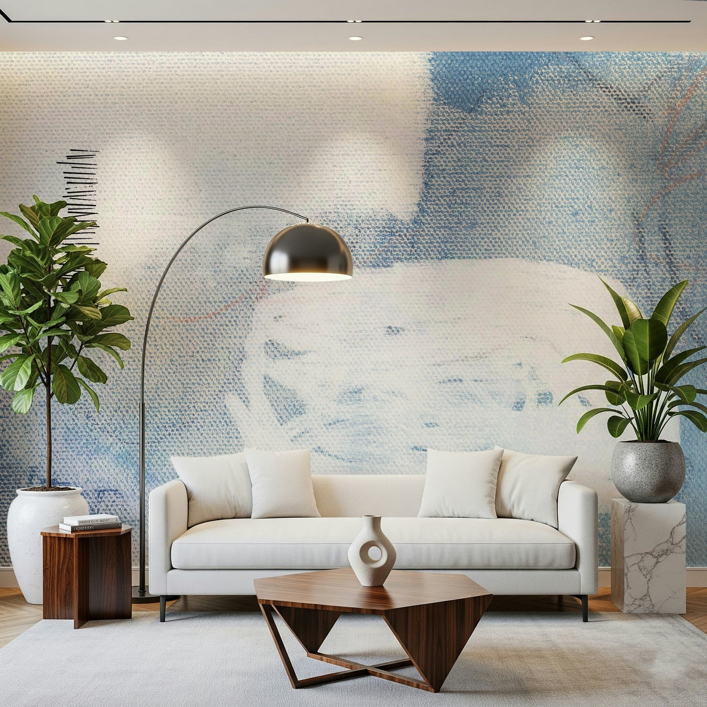 A beautiful abstract blue wallpaper mural with a watercolor, dreamlike texture.