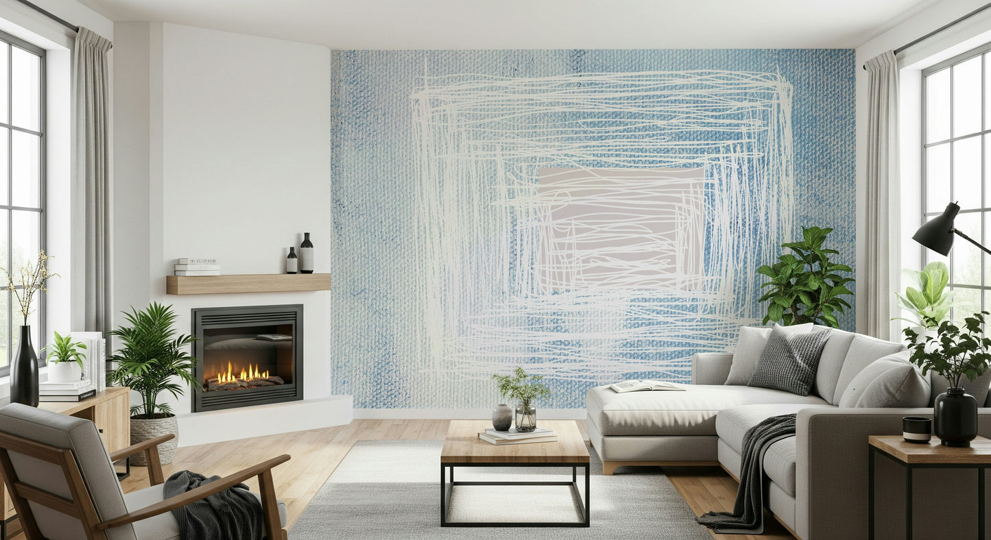 A peaceful modern abstract mural on decorative wallpaper.