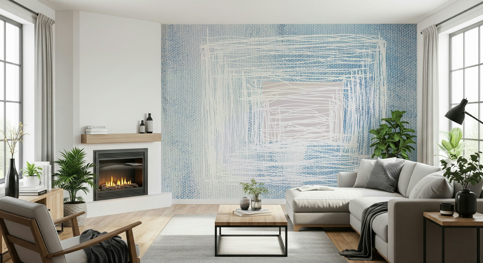 A peaceful modern abstract mural on decorative wallpaper.