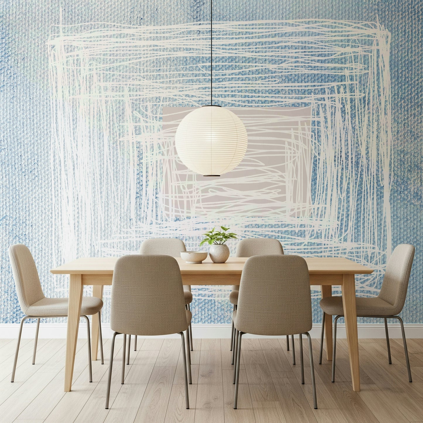 An artistic soft focus mural on minimalist wallpaper.