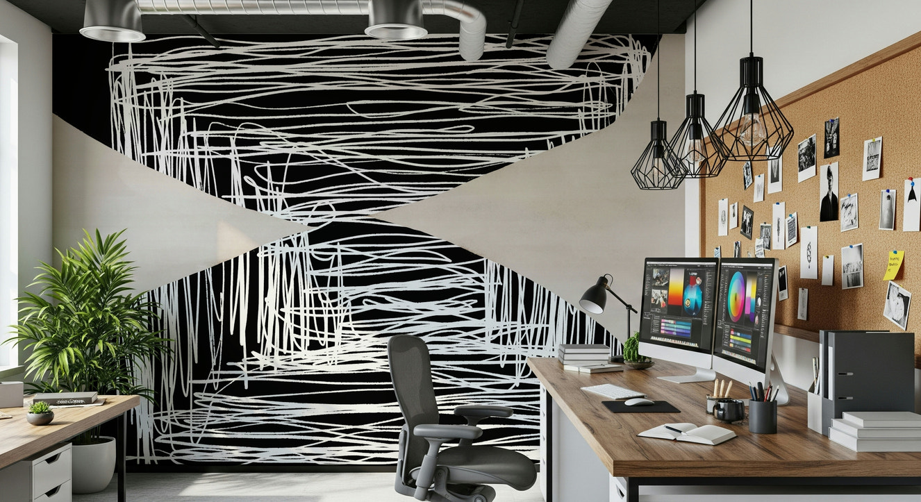 A beautiful abstract art wallpaper mural with geometric shapes and scribbled lines.